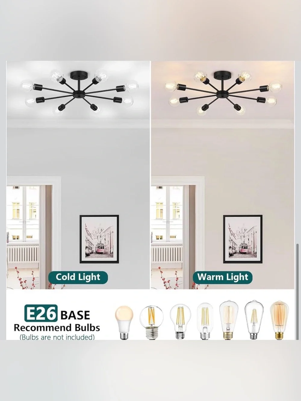 8-Lights Semi Flush Mount Ceiling Light, Matte Black Hallway Ceiling Lighting w